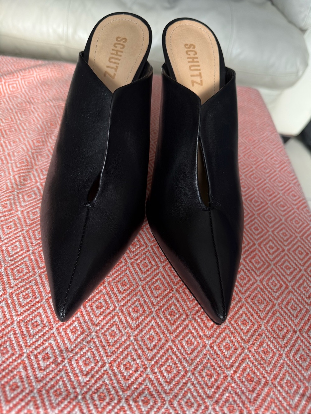 Schutz Black Pointed on Leather Mules with Front Slit